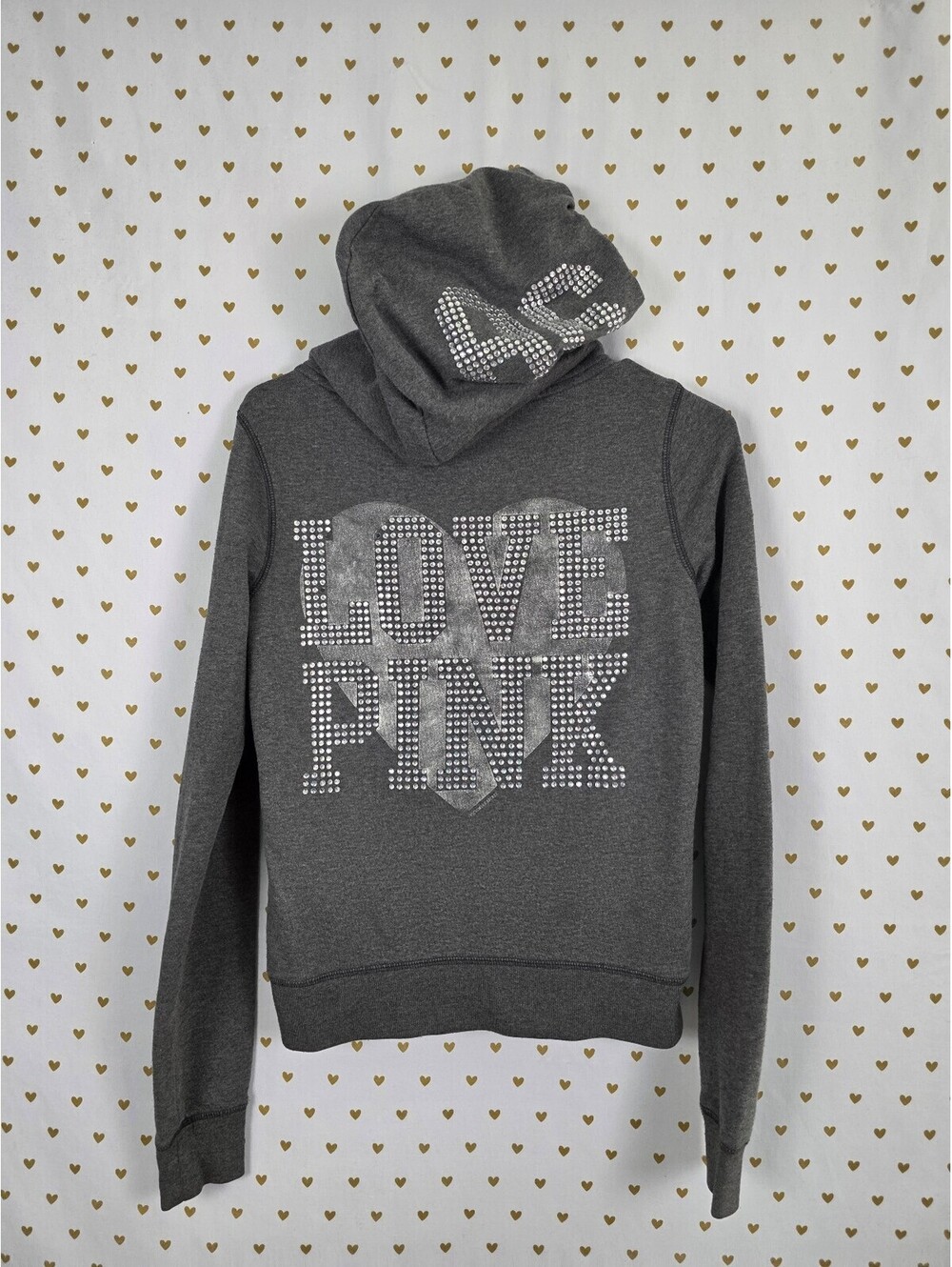 Victorias Secret Pink Vintage Grey Bling Y2k Studded Heart Jacket Hoodie Small